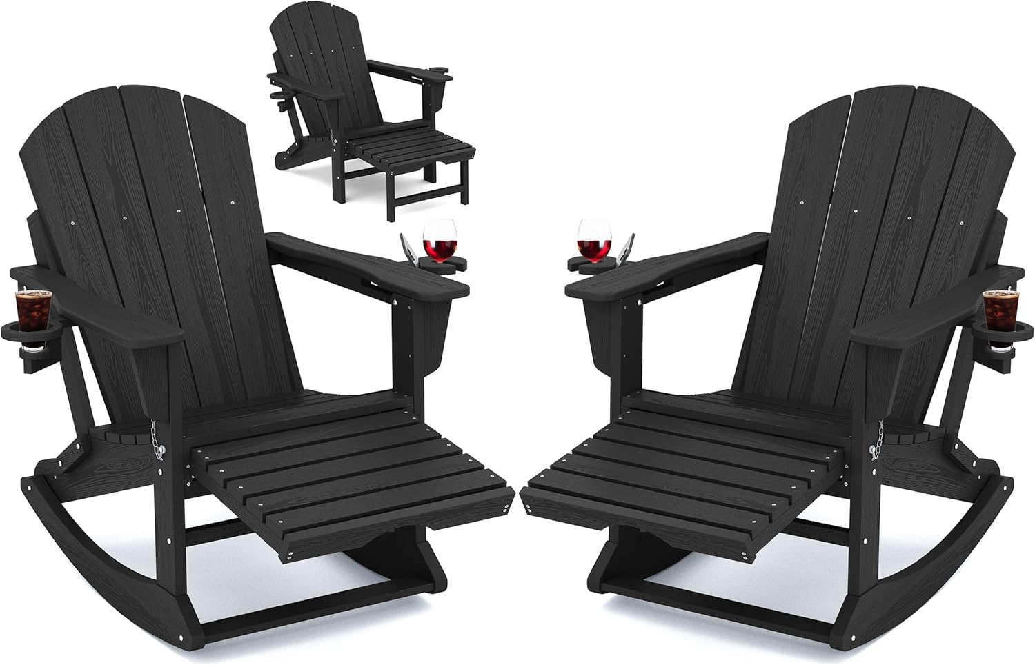 KINGYES Adirondack Rocking Chair Set of 2 with Retractable Ottoman and Cup Holders, HDPE Adirondack Rocker Patio Rocking Chair for Porch, Patio, Balcony, Black