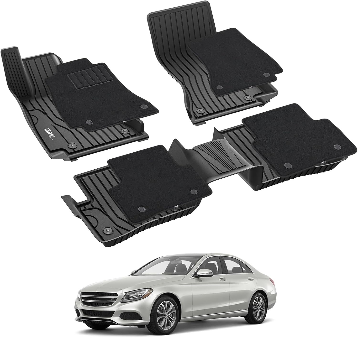3W Floor Mats with Carpets for Mercedes Benz C-Class 2015-2021(for Sedan Only,Not fit Coupe and Cabriolet), TPE Floor Liner Thickened Carpet for Benz C Class C300/C400/C350e/C43 AMG/C63 AMG/C63 AMG S