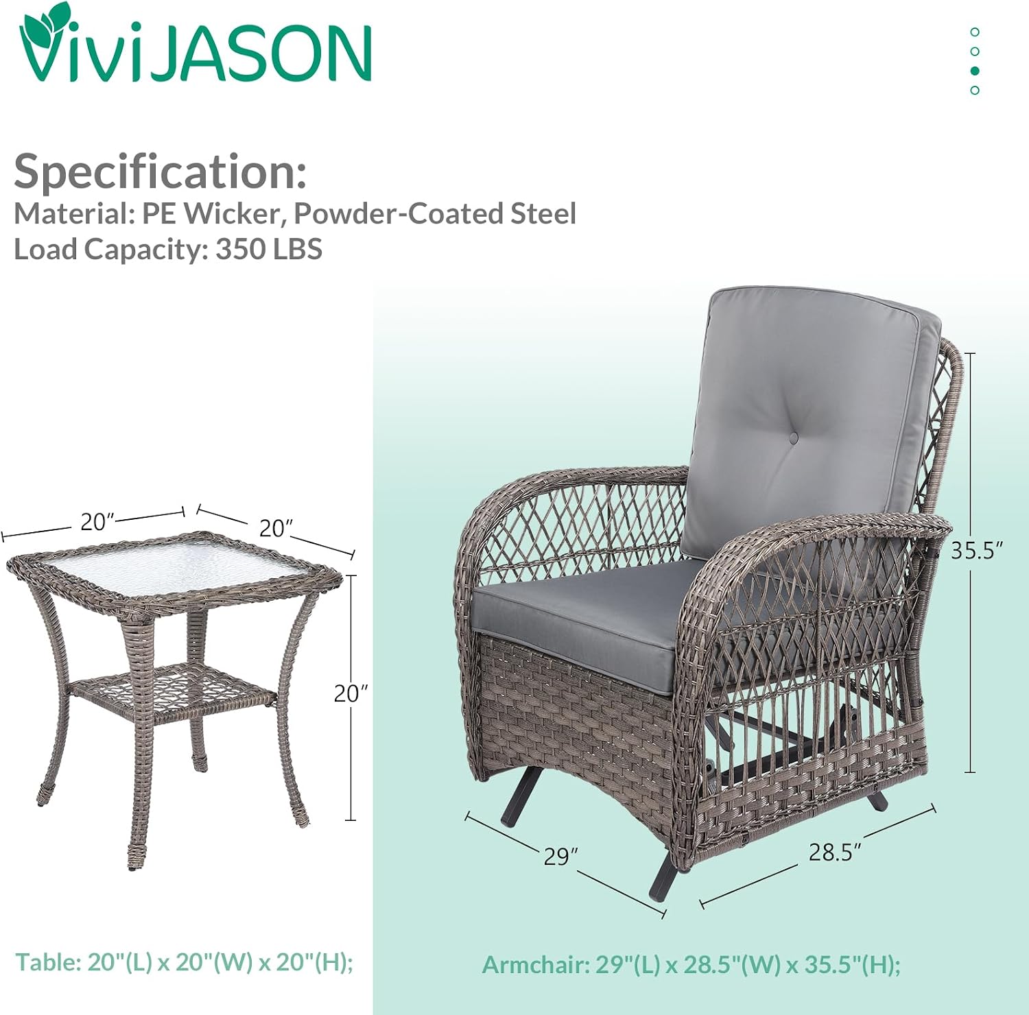 VIVIJASON 3-Piece Outdoor Patio Furniture Set, Outdoor Wicker Glider Rocking Chairs Rattan Conversation Bistro Sets w/ 2 Rattan Cushioned Chairs and Glass Top Side Table for Porch Backyard, Grey