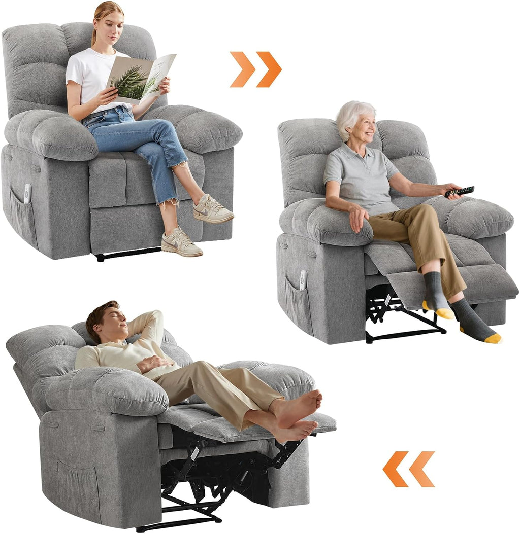 21.4in Wide Rocking Recliner Chair,Massage & Heat Function, Ergonomic Breathable Fabric with 2 Side Pockets & Remote for Living Room/Bedroom