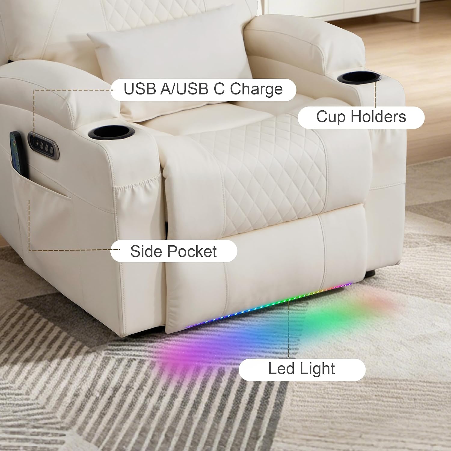 AHMED Rocking Recliner Nursery Chair, Dual Motor Power Swivel Glider Recliner with Heat & Massage, Nursery Recliner Chair with USB A/C Ports, Cup Holders & LED Light for Living Room & Bedroom, Beige
