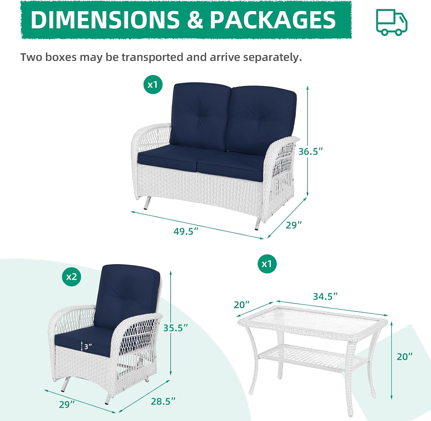 VIVIJASON 4-Piece Outdoor Patio White Wicker Conversation Sets, All Weather Rattan Furniture Set Includes Glider Loveseat, Coffee Table, 2 Glider Rocker Chairs w/Cushion for Lawn Balcony, Navy Blue