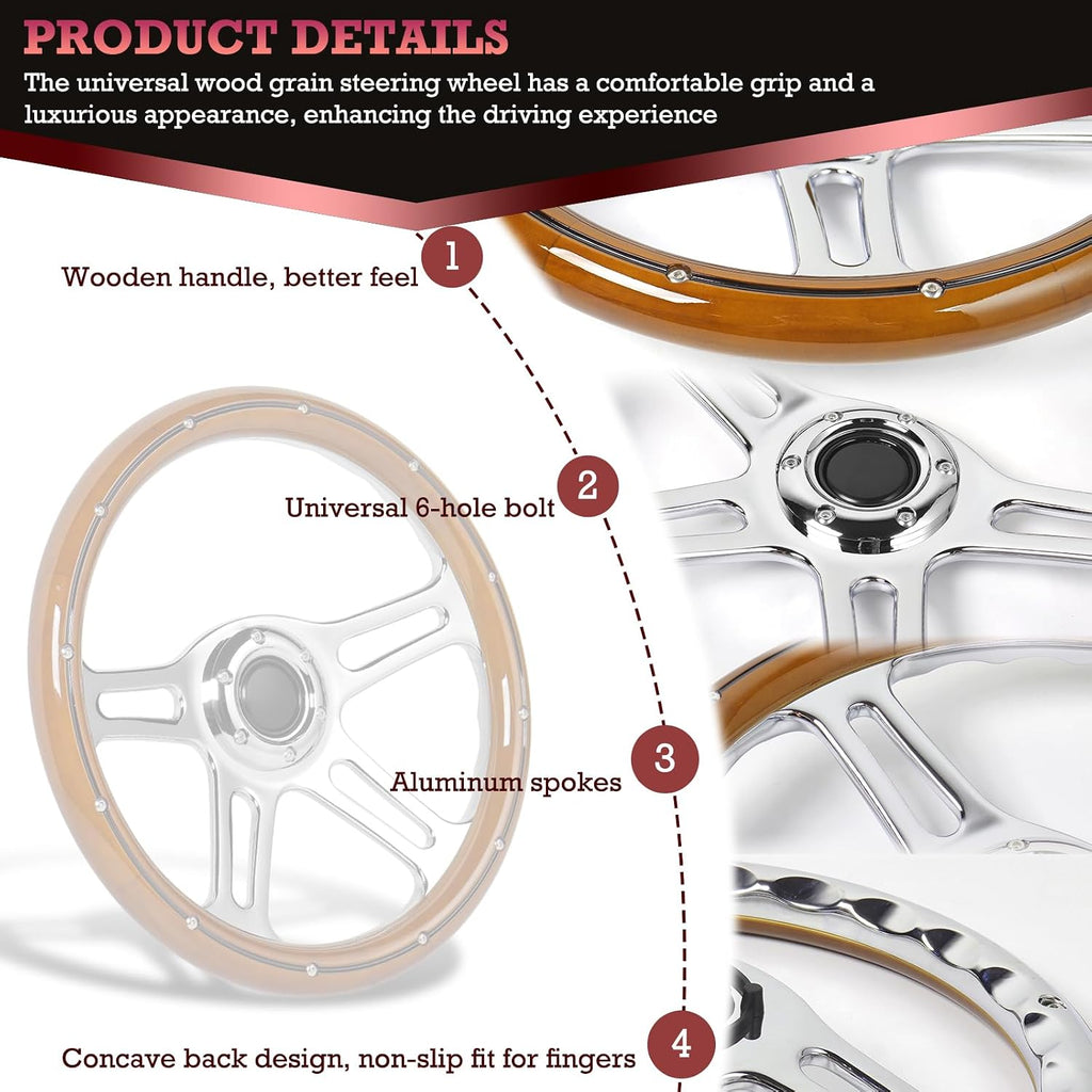 14inch Solid Wood Steering Wheel 350mm Deep Dish 70mm, 4-Spoke Chrome-Plated Aluminum Alloy, Universal 6-Bolt Steering Wheel for Classic Cars, Hot Rods, Muscle Car Vintage Car