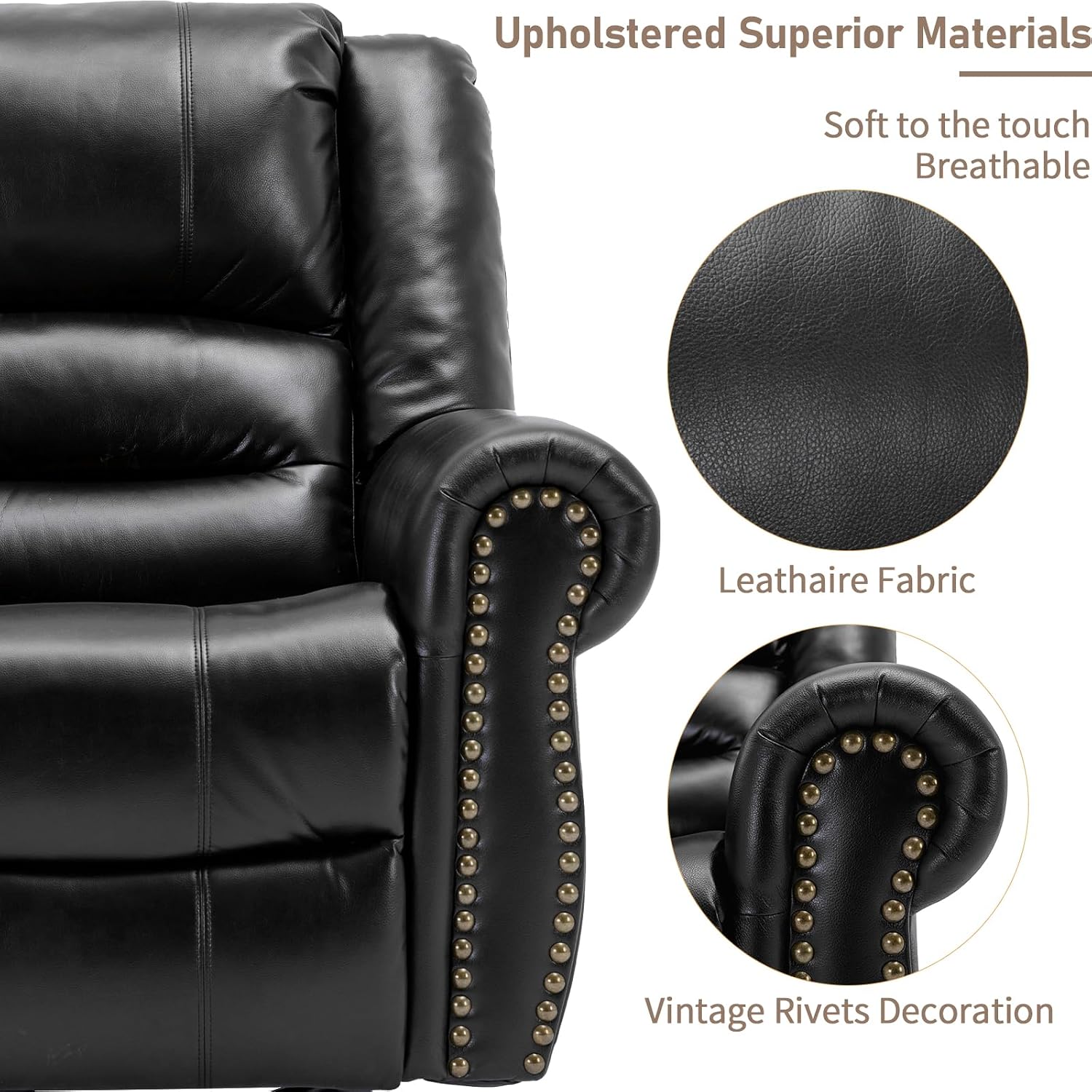 Manual Massage Swivel Rocker Recliner with Heat and Vibration, 360° Swivel Glider Rocking Recliner Chair, Classic Living Room Lounge Recliners with Side Pockets & USB Ports, Black