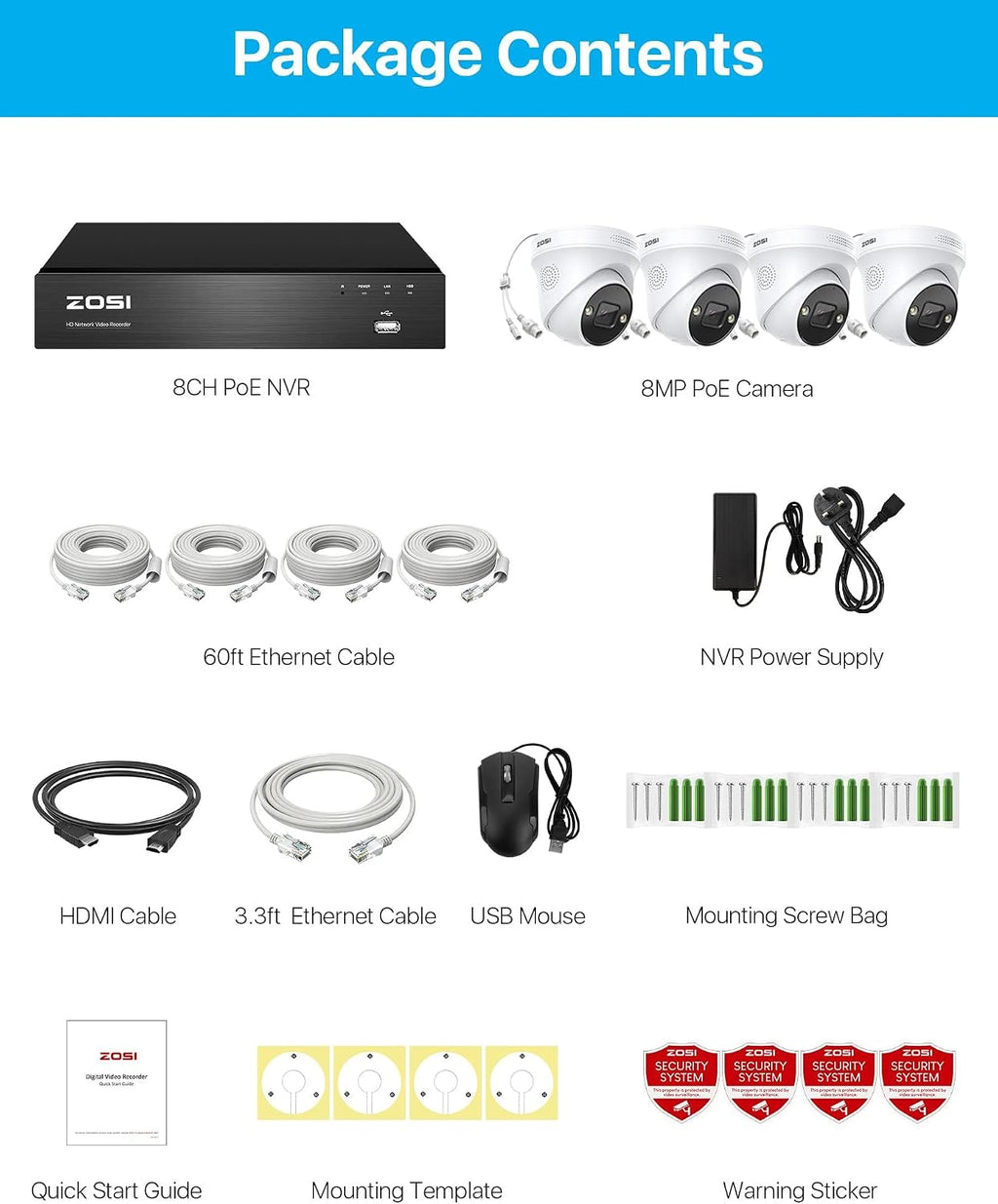 ZOSI 4K POE CCTV Security Camera System,8pcs 4K POE Camera with AI Person Vehicle Detection, 8 Ports 16CH 8MP NVR with 2TB HDD for 24/7 Recording,Color Night Vision, Sound Light Alarm, Two-Way Audio