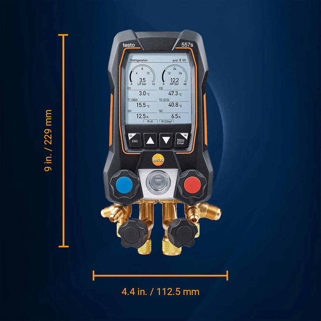 testo 557s AC Manifold Gauge Set – AC Recharge Kit with 2 x 115i Pipe Clamp Thermometer, 1 x 552i Micron Gauge & 4-Way Valve - Set with Bluetooth and App-Connection