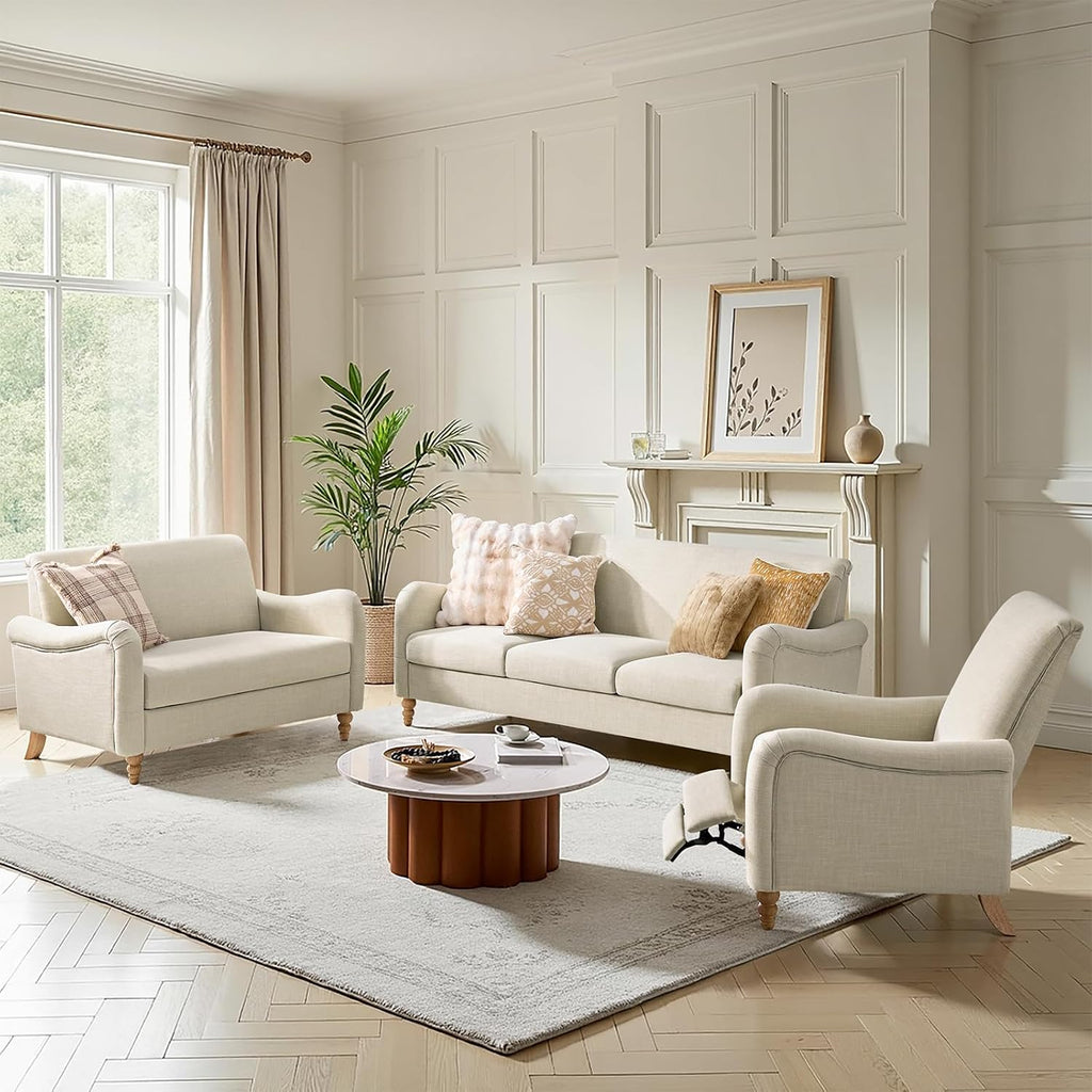 HULALA HOME Farmhouse Recliner Chair with Solid Wood Spindle Legs, Curved Push Back Recliner Armchair with Adjustable Backrest & Footrest, Comfy High Back Lazyboy Single Sofa for Living Room, Linen