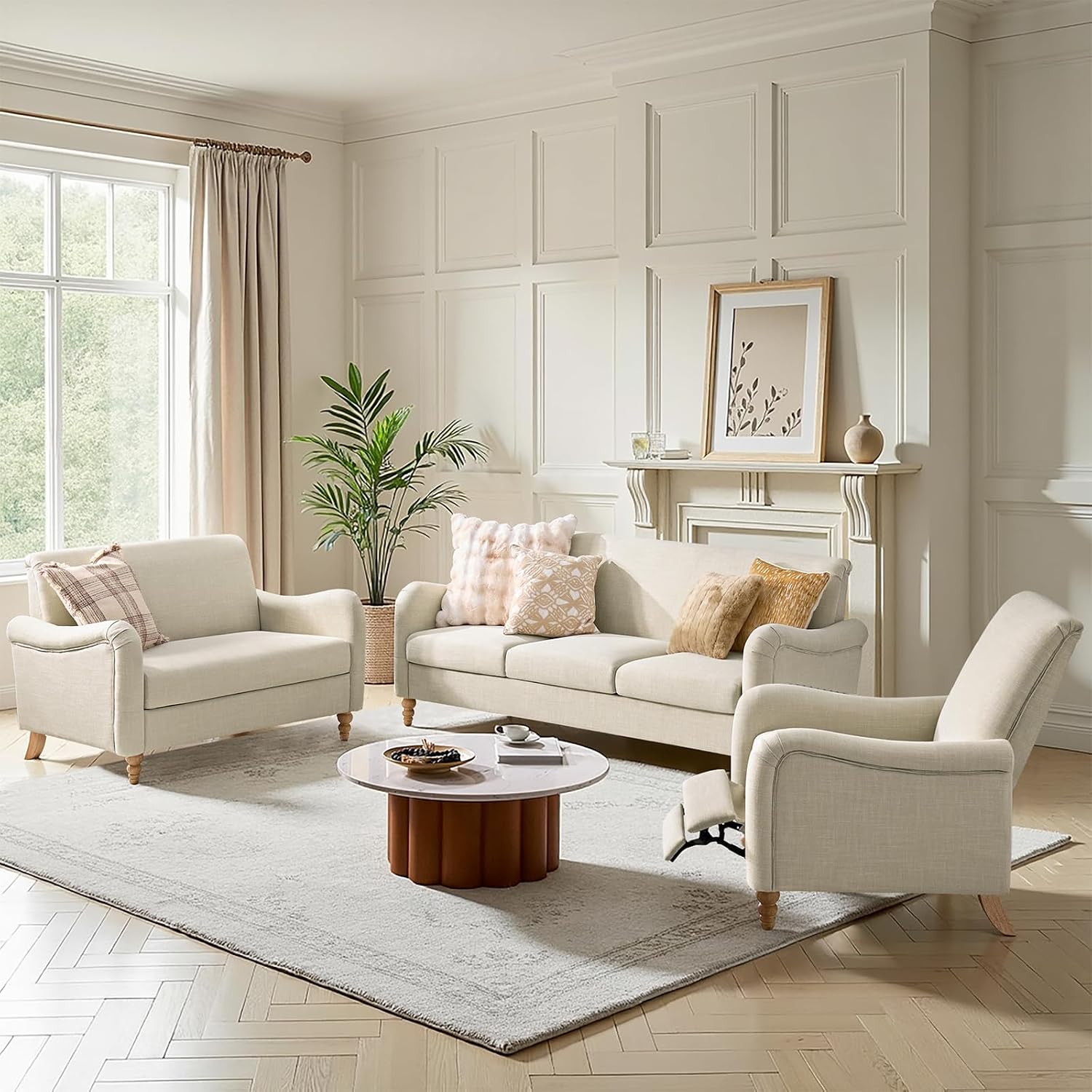 HULALA HOME Farmhouse Recliner Chair with Solid Wood Spindle Legs, Curved Push Back Recliner Armchair with Adjustable Backrest & Footrest, Comfy High Back Lazyboy Single Sofa for Living Room, Linen
