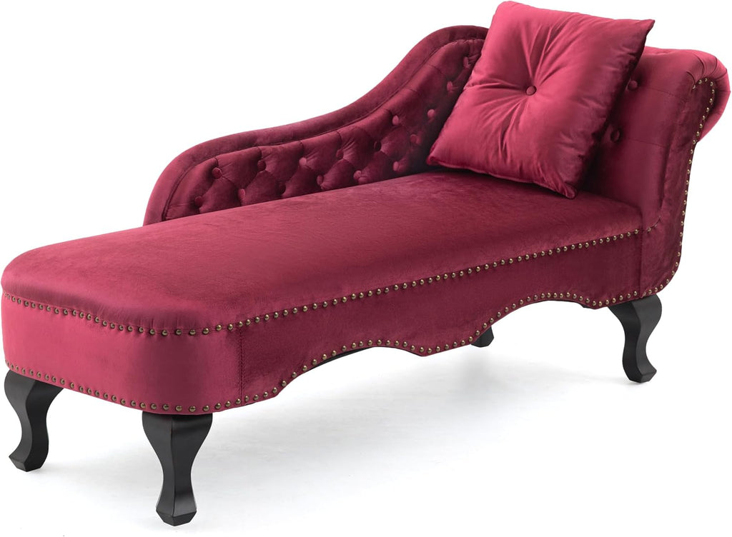 Merax 62'' Velvet Chaise Lounge Indoor with 1 Pillow and Nailhead Trim, Button Tufted Design Reclining Chair with Scrolled Backrest, Sleeper Sofa for Bedroom, Living Room or Office,