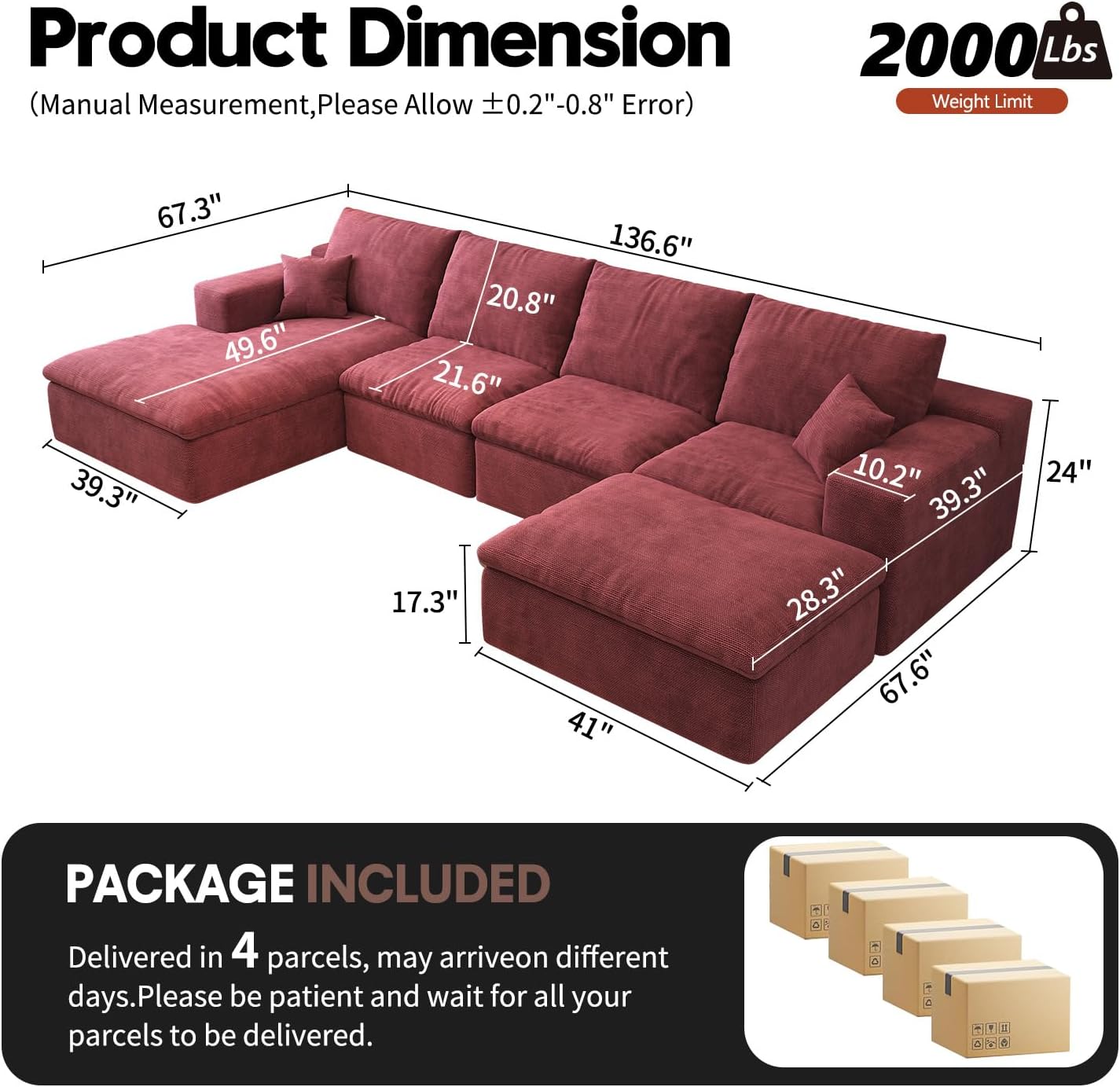 136.6'' U-Shaped Modern Modular Sectional Cloud Couch Whit Ottoman, 4-Seat Chenille Deep-Seat Sofa with Pillow for Living Room, Bedroom, Apartment, Wine Red