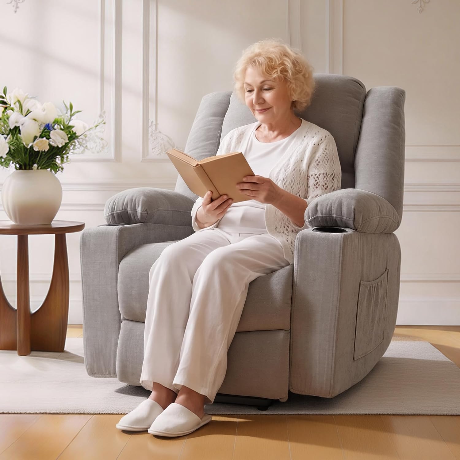 FLEXISPOT XL31 Power Lift Recliner Chair for Elderly, Electric Lift Chair with Massage & Heat, Fabric Reclining Sofa w/USB & Type-C Charging for Living Room Bedroom(Medium Size, Silver-Gray)