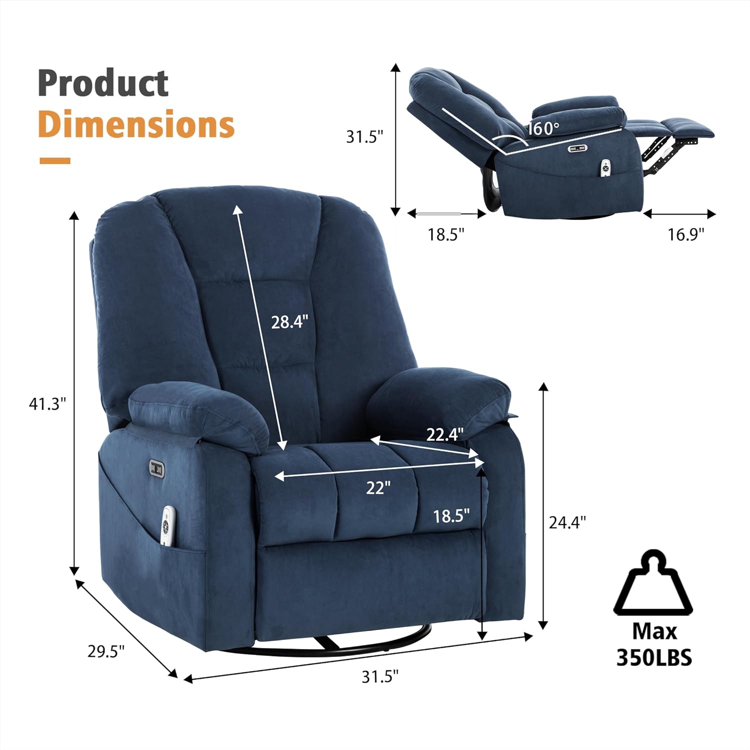 Ketaiyou Power Swivel Rocker Recliner with Massage and Heat, USB and Type-C Port, Infinite Position, Electric Glider Rocking Chairs Living Room, Soft Fabric Reclining Sofa Chair (Velvet Blue)