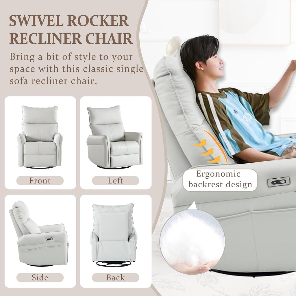 Power Swivel Rocker Recliner Chair for Nursery, Upholstered 270° Swivel Glider Rocker Chair with USB Ports, Small Power Recliners for Small Spaces Living Room (Light Grey)