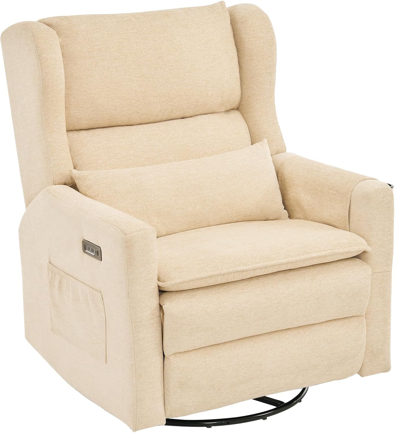 Swivel Rocker Recliner with Overstuffed Lumbar Support,Oversized Rocking Chair Nursery with Adjustable Headrest,Power Recliner Nursery Chair for Living Room,Beige