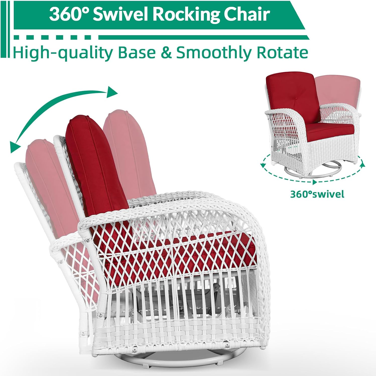 VIVIJASON 5-Piece Outdoor Patio White Wicker Conversation Sets, All Weather Outdoor Rattan Furniture Set Includes Glider Loveseat, 2 Coffee Table, 2 Swivel-Gliders Chairs with Cushions, Red