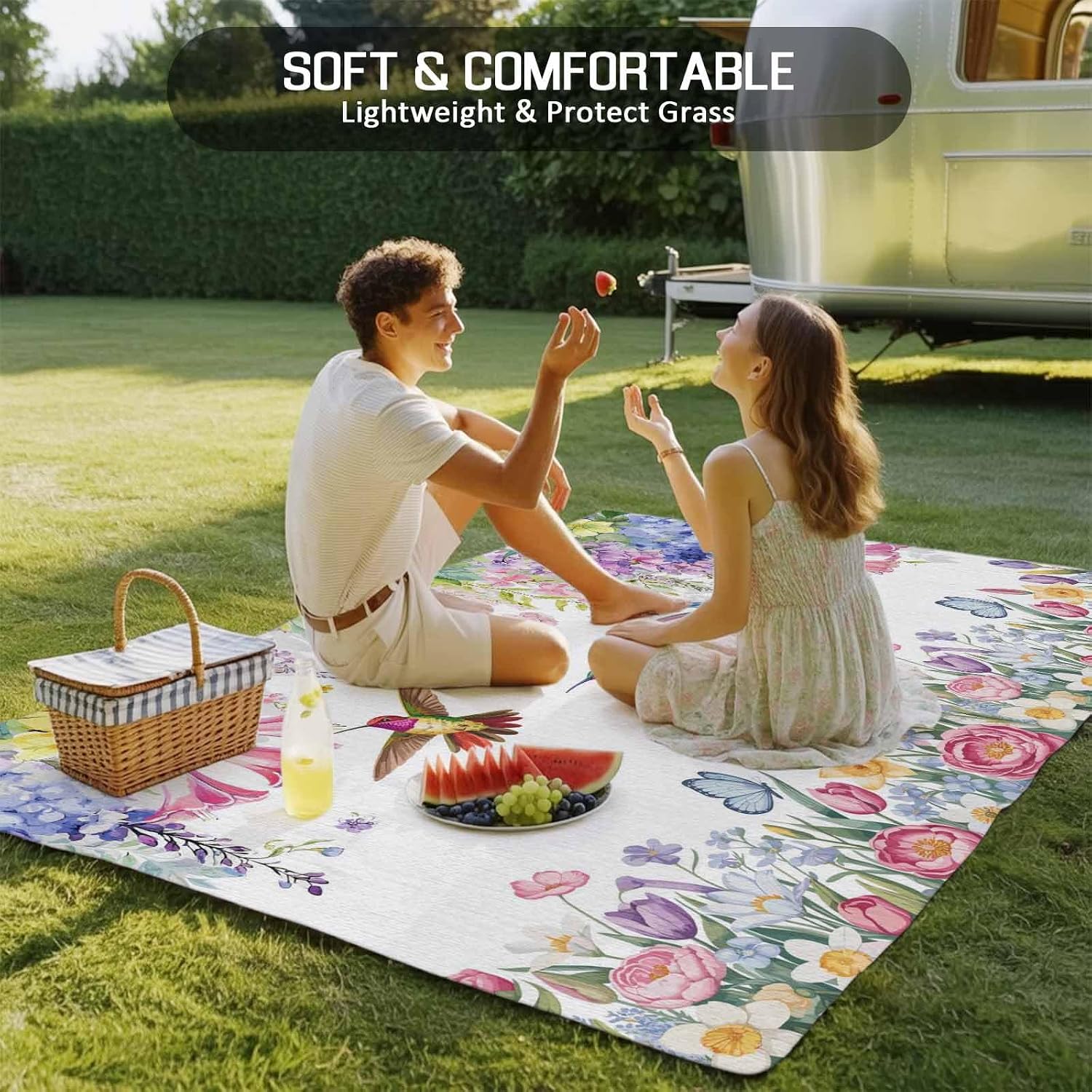 Watercolor Flowers Outdoor Rug for Patio/Deck/Porch, Non-Slip Large Area Rug 4 x 6 Ft, Spring Hummingbird Butterflly Floral Indoor Outdoor Rugs Washable Area Rugs, Reversible Camping Rug Carpet Runner