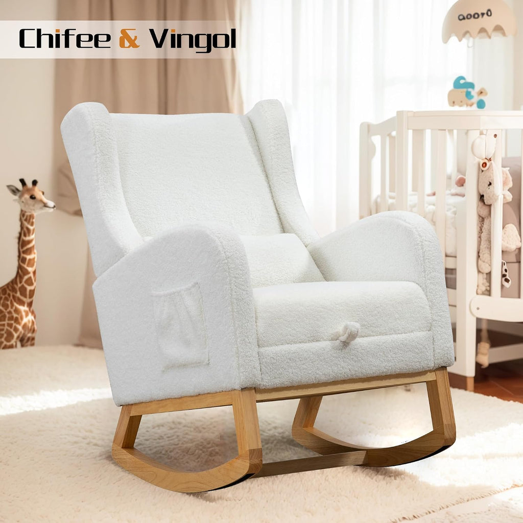 Chifee & Vingol Rocking Chair Nursery with Foot Rest & Pillow,Sherpa,White