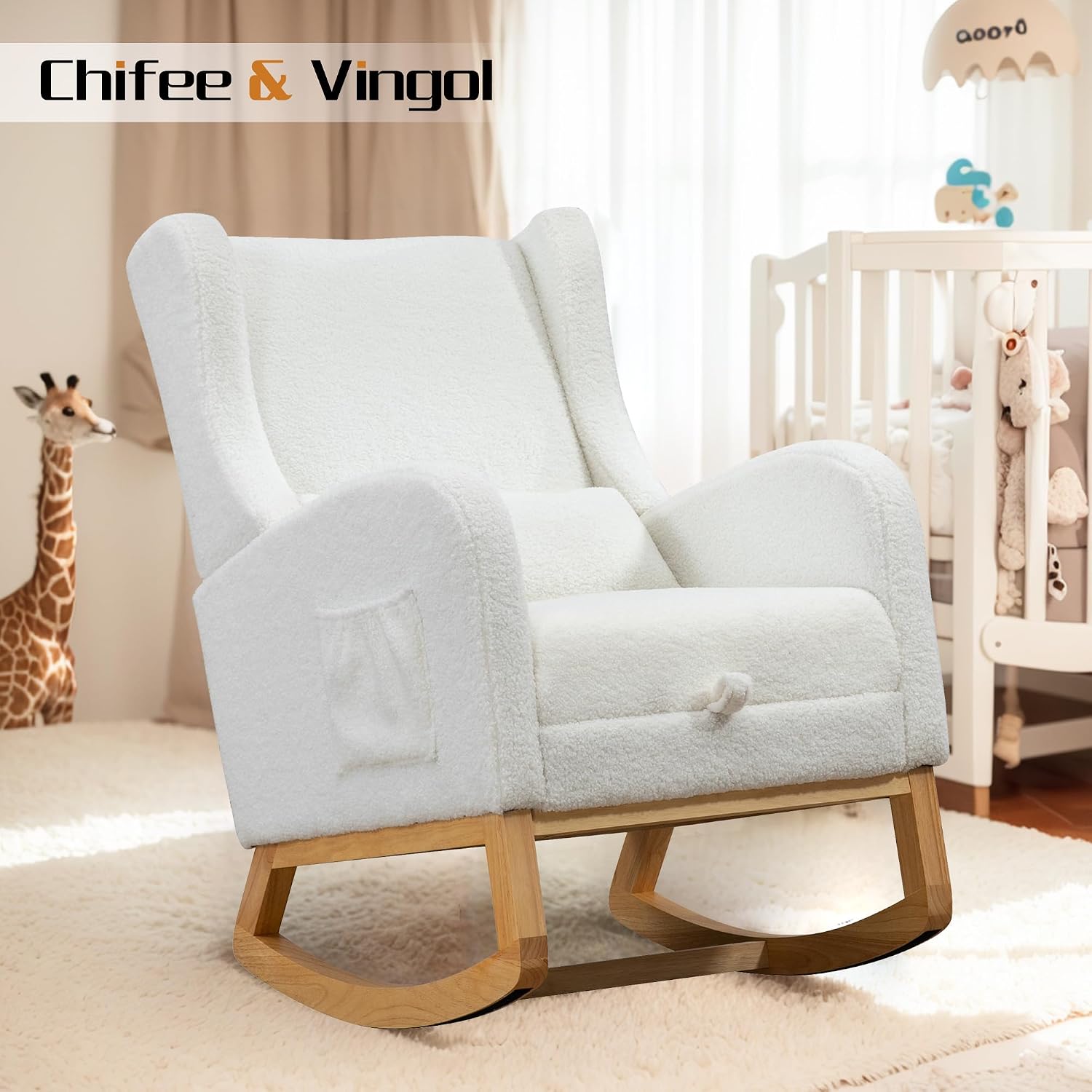 Chifee & Vingol Rocking Chair Nursery with Foot Rest & Pillow,Sherpa,White