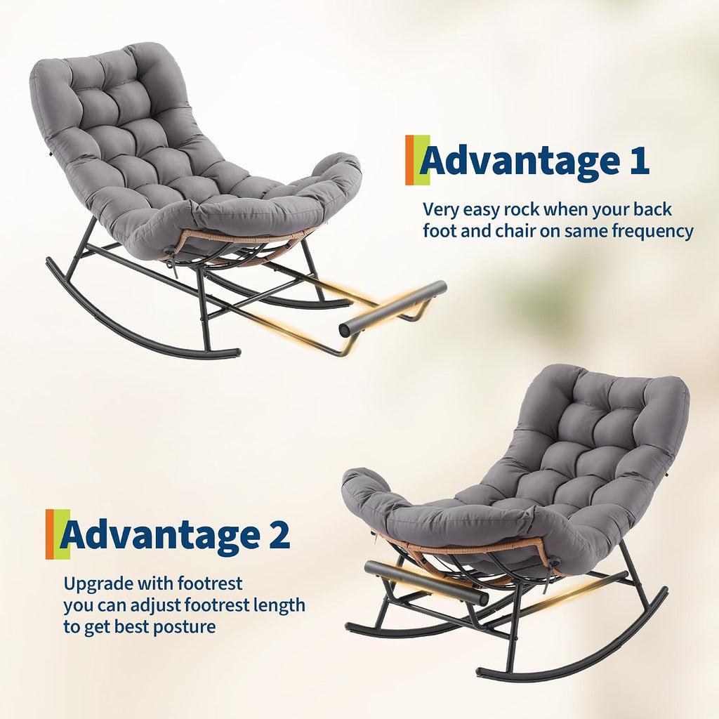 GarveeLife Papasan Rocking Chair with Thick Cushion, Outdoor Patio Rocking Chairs with Footrest, Oversized Rocker Wicker Chair for Bedroom, Living Room, Porch, Garden, Lawn (Dark Grey)