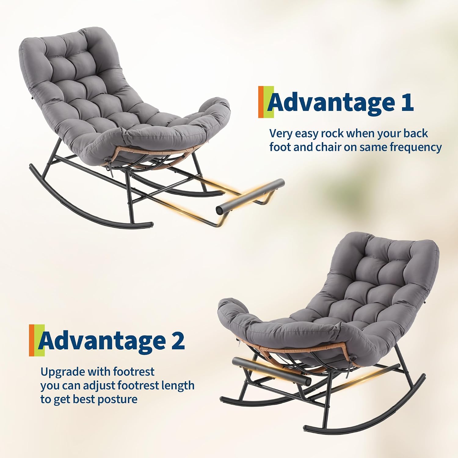 GarveeLife Papasan Rocking Chair with Thick Cushion, Outdoor Patio Rocking Chairs with Footrest, Oversized Rocker Wicker Chair for Bedroom, Living Room, Porch, Garden, Lawn (Dark Grey)
