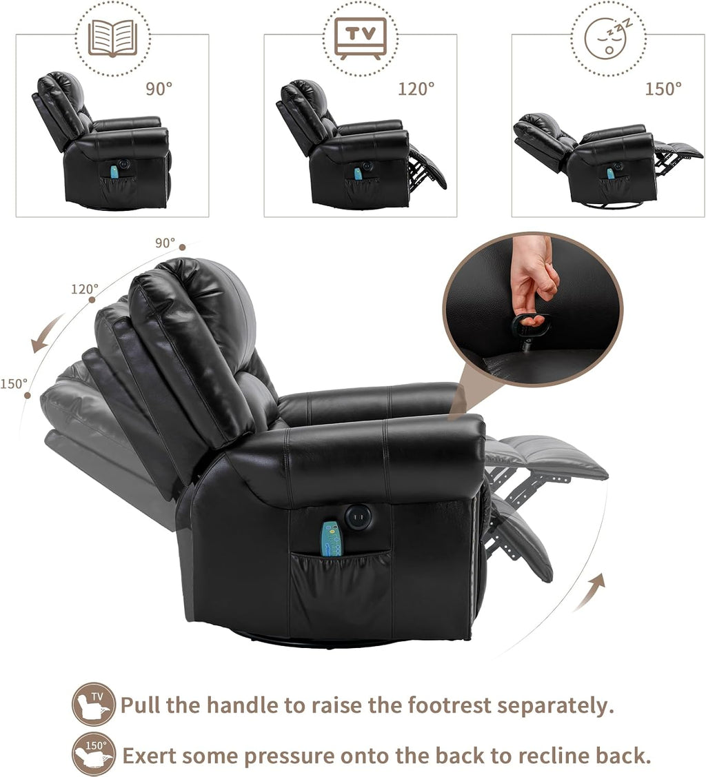 Manual Massage Swivel Rocker Recliner with Heat and Vibration, 360° Swivel Glider Rocking Recliner Chair, Classic Living Room Lounge Recliners with Side Pockets & USB Ports, Black