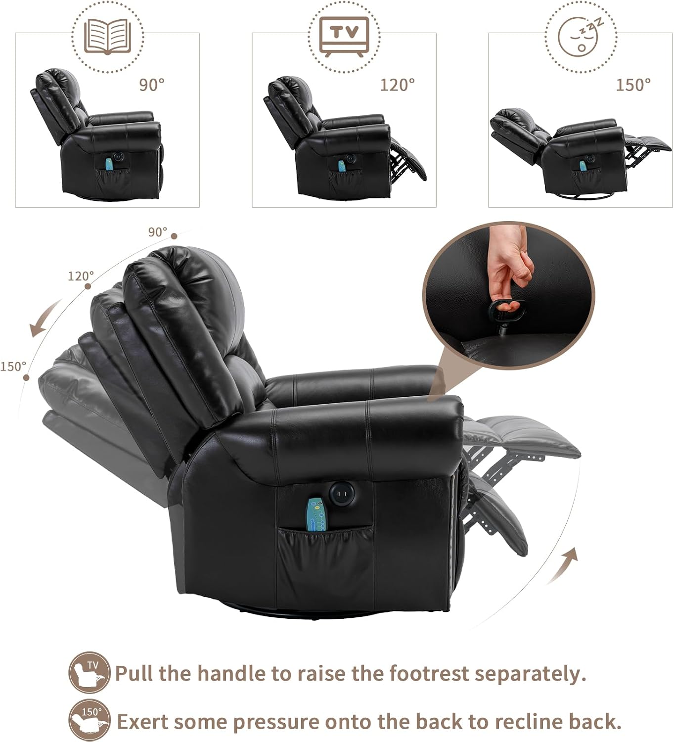 Manual Massage Swivel Rocker Recliner with Heat and Vibration, 360° Swivel Glider Rocking Recliner Chair, Classic Living Room Lounge Recliners with Side Pockets & USB Ports, Black
