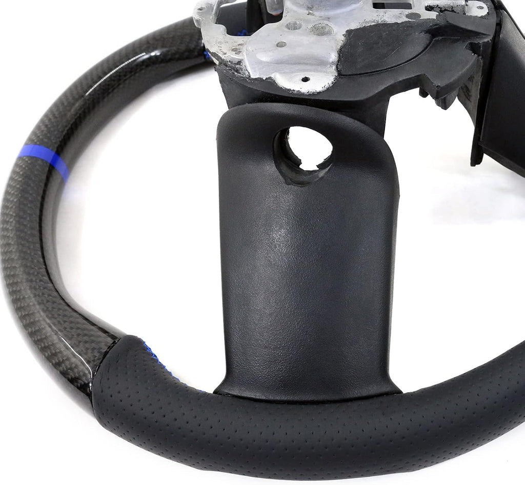 IKON MOTORSPORTS, Steering Wheel Compatible with 2010-2014 Ford Mustang, Steering Wheel Bodykit Replacement Carbon Fiber & Leather Blue Stitch & Indicator, 2011 2012 2013