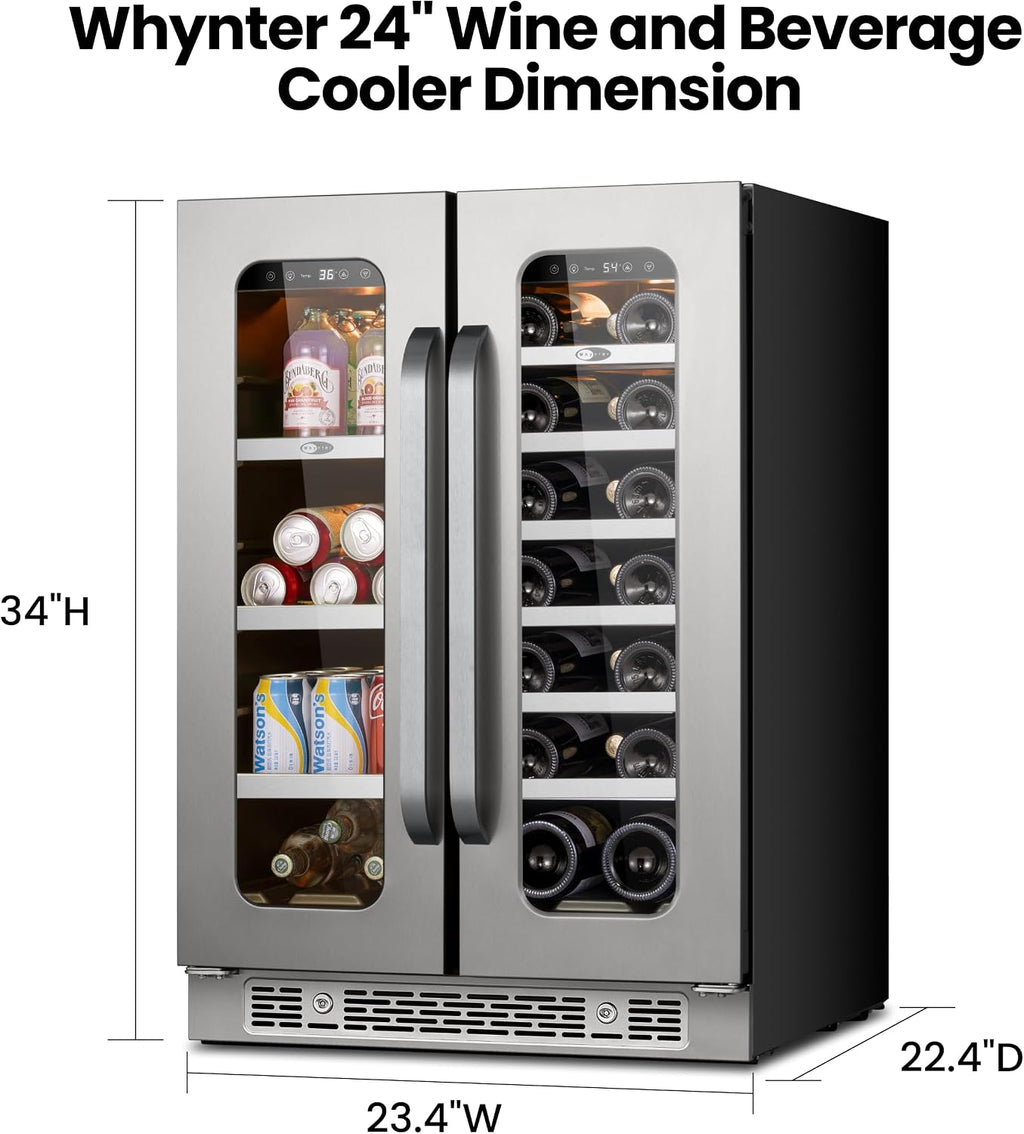 Whynter 24 Inch Dual Zone Wine and Beverage Refrigerator, 20 Bottle 60 Can Wine Fridge with Glass Door, 36-72°F Built-in Freestanding Under Counter Wine Cooler with 3 LED Light(4.1 cu.ft)