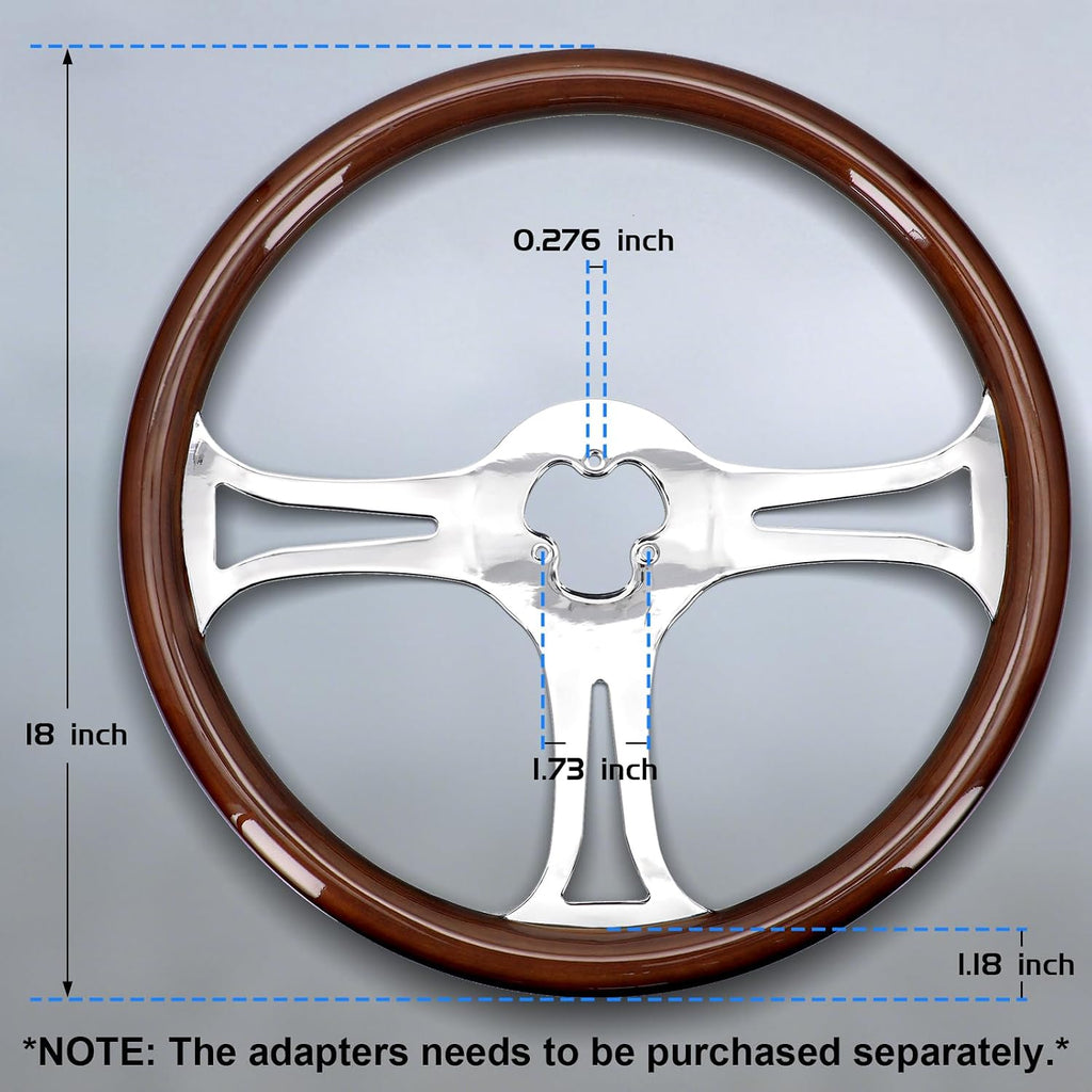 Sorghum 18' Solid Wood Steering Wheel - 3 Spokes Aluminum Chrome Classic Steering Wheel with Horn Button for Semi-Trailers Trucks Compatible with Mack Kenworth Peterbilt Volvo Freightliner
