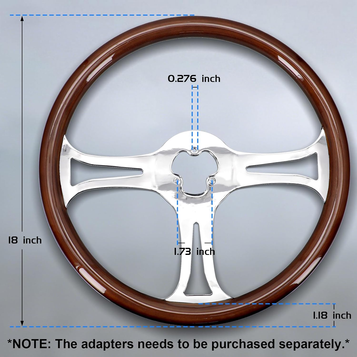 Sorghum 18' Solid Wood Steering Wheel - 3 Spokes Aluminum Chrome Classic Steering Wheel with Horn Button for Semi-Trailers Trucks Compatible with Mack Kenworth Peterbilt Volvo Freightliner