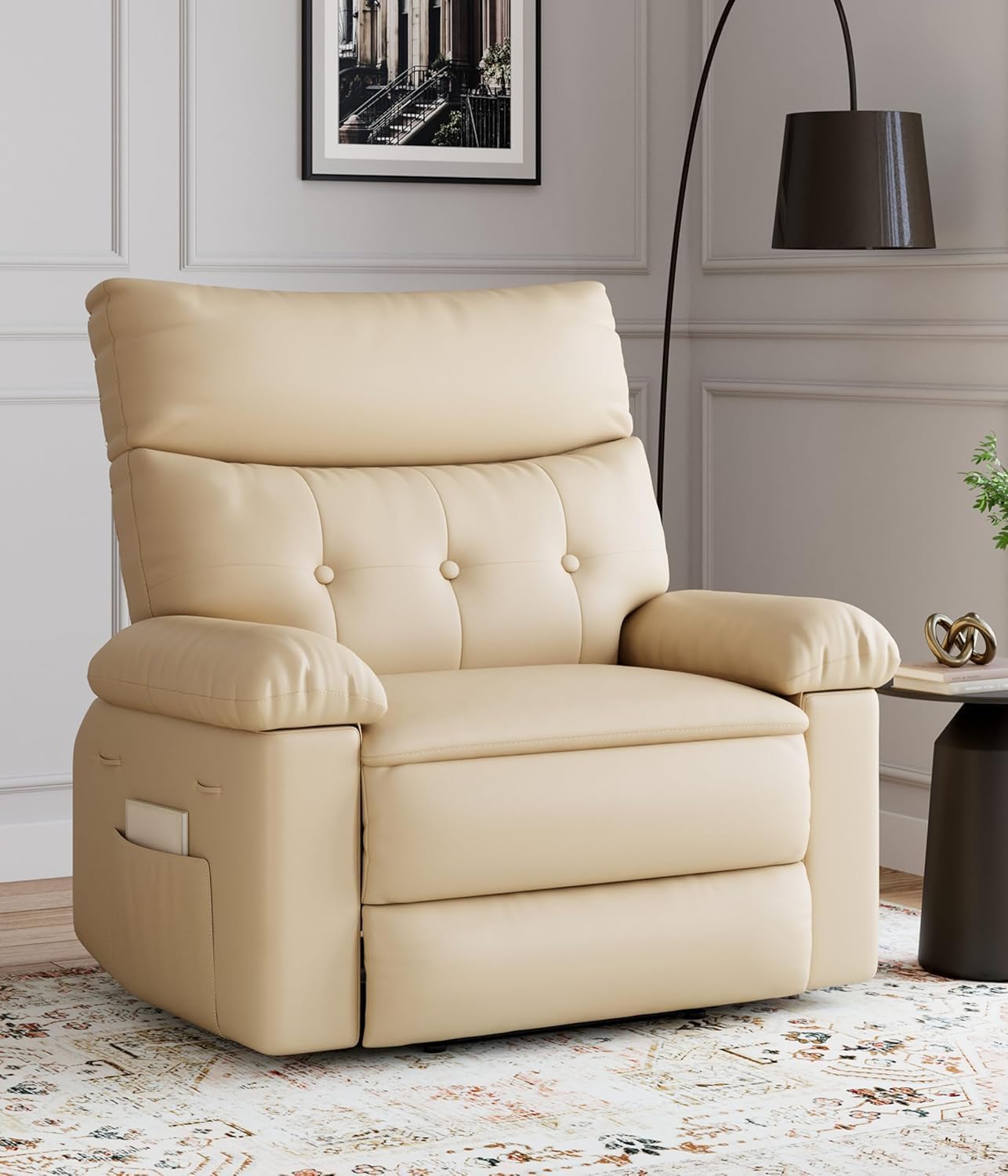 Oversized Recliner Chair with Heating & Massage, XL Faux Leather Nursery Rocking Chairs for Adults with Cup Holder and Side Pockets, Swivel Chair for Living Room, Bedroom Beige