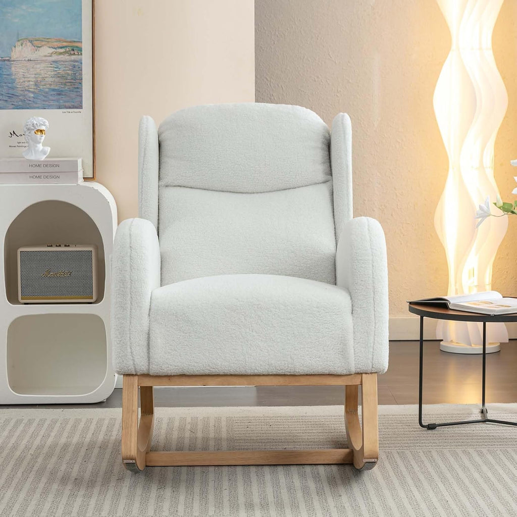 Antetek Rocking Glider Chair for Nursery, Wingback Teddy Upholstered Rocker Chair with High Backrest, Modern Indoor Accent Reading Arm Chair for Living Room, Hotel, Bedroom, Baby Room, Ivory