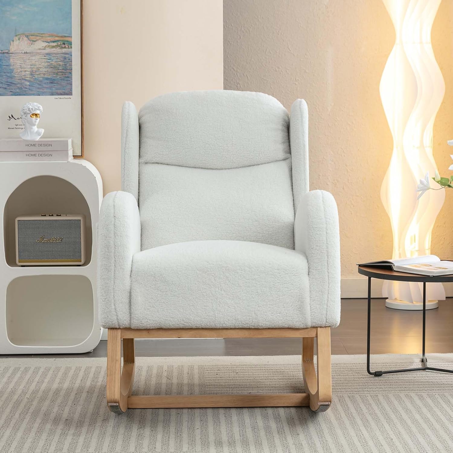 Antetek Rocking Glider Chair for Nursery, Wingback Teddy Upholstered Rocker Chair with High Backrest, Modern Indoor Accent Reading Arm Chair for Living Room, Hotel, Bedroom, Baby Room, Ivory