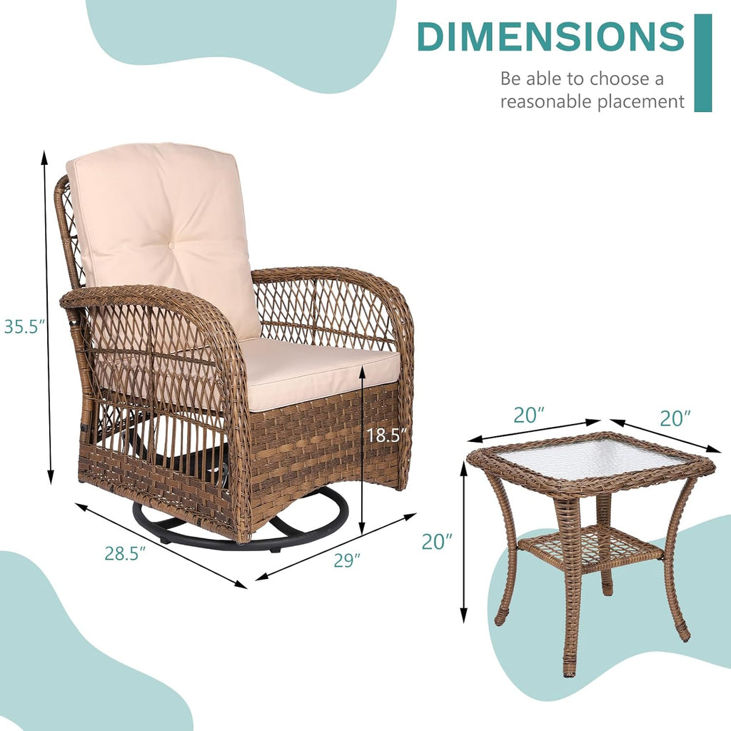 MEETWARM 3 Pieces Outdoor Wicker Swivel Rocker Patio Set, Rocking Chairs Rattan Patio Furniture Sets with Thickened Cushion and Glass-Top Coffee Table, Conversation Bistro Set for Porch (Light Brown)