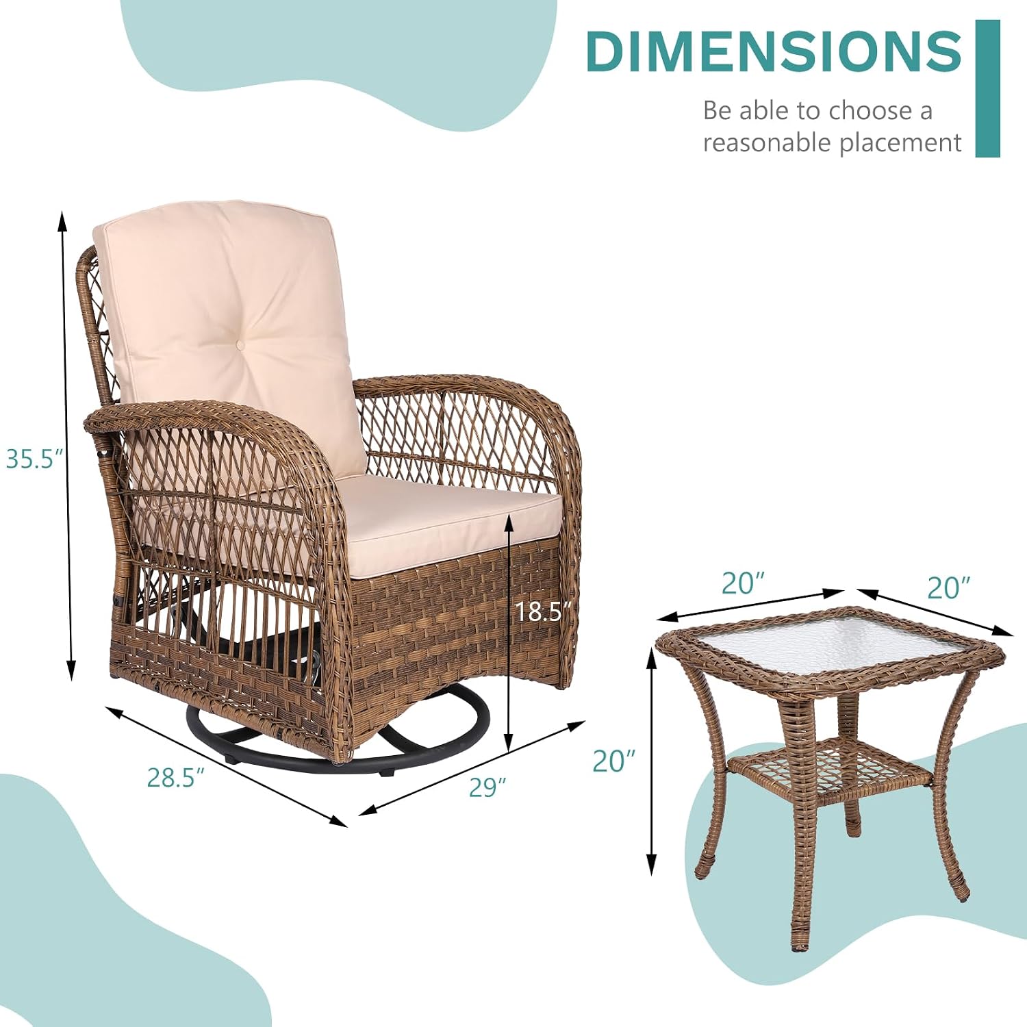 MEETWARM 3 Pieces Outdoor Wicker Swivel Rocker Patio Set, Rocking Chairs Rattan Patio Furniture Sets with Thickened Cushion and Glass-Top Coffee Table, Conversation Bistro Set for Porch (Light Brown)