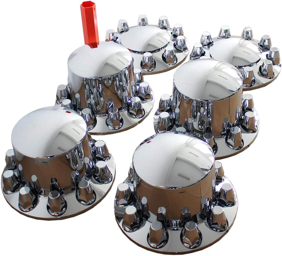 MRJLK Chrome ABS Complete Axle Cover Set with Standard Hub Caps and 33mm Screw-On Lug Nut Covers for Semi Trucks (2 Front and 4 Rear)