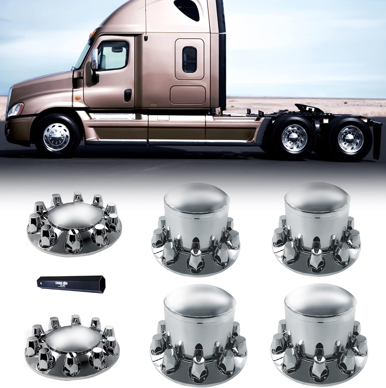 TORQUE Chrome Front and Rear Axle Complete Wheel Cover Set 33mm Screw-on Lug Nut Covers for Semi Trucks (Installation Tool Included) Standart Hub Caps Kit (2 Front & 4 Rear) (TR082)