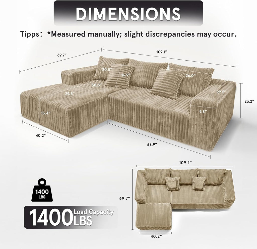 Sytopia 109' L-Shaped Cloud Couch, Boneless Modular Sectional Sofa with Deep Seat for Living Room Bedroom, Modern Couch Corduroy, Comfy Sleeper Futon Sofa Bed 40D Foam, Left Facing