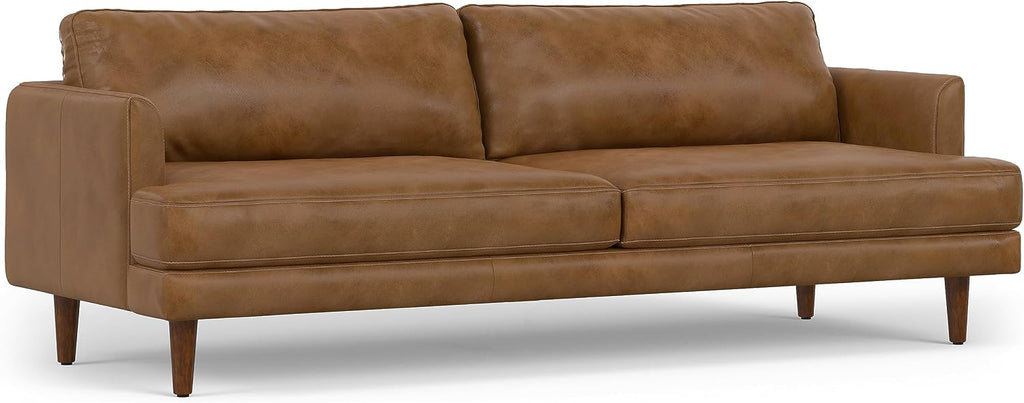 SIMPLIHOME Livingston Sofa - 90 inch Wide Top Grain Genuine Leather Sofa in Caramel Brown, Mid-Century Modern 3-Seater Couch for Living Room with Feather-Wrapped Cushions and Solid Wood Frame