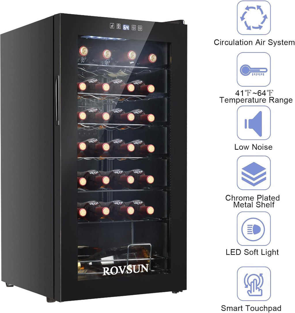Bonnlo 28 Bottle Wine Cooler Refrigerator, Freestanding Compressor Wine Chiller, Beverage Wine Fridge with Digital Temperature Control & Double-layer Glass Door for Red White Wine, Champagne, Beer
