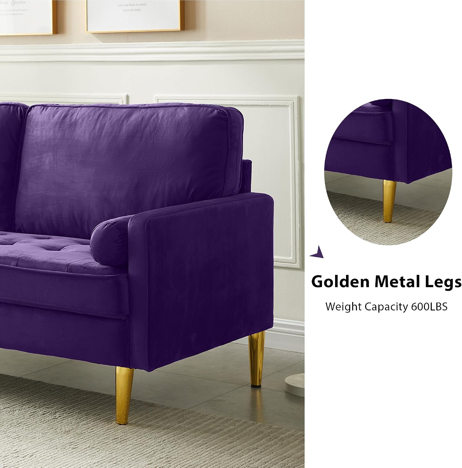 67in Modern Velvet Loveseat Sofa Couch, Mid-Century Tufted Upholstered Small Love Seat Couch with 2 Pillows & 4 Golden Legs, 2-Seats Couches for Compact Space, Living Room, Apartment (Purple)