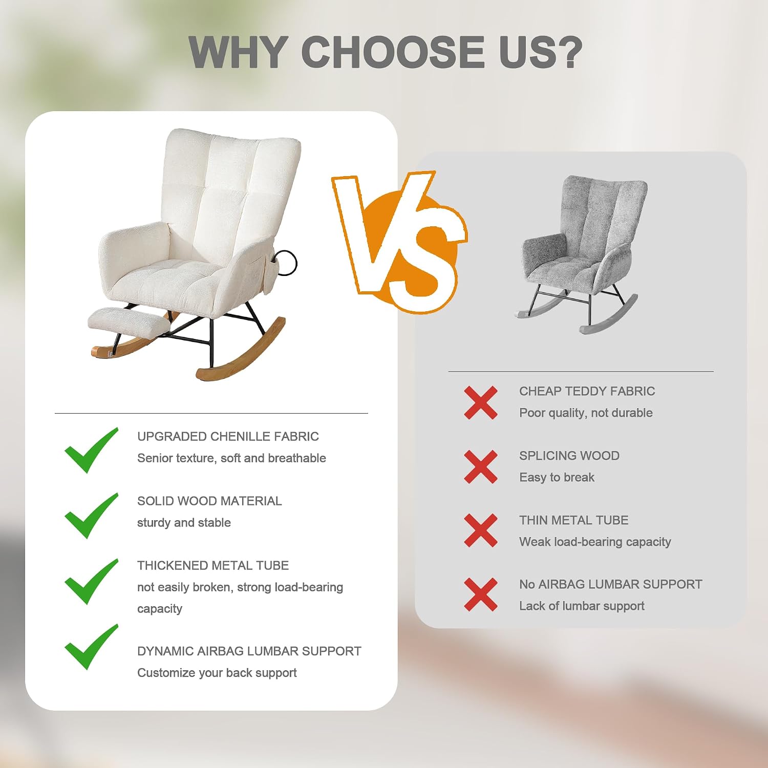 Rocking Chair Nursery with Airbag, Comfy Modern Nursery Rocking Reading Chair Indoor with Footrest, Cozy Upholstered Glider Rocker Chairs for Living Room Bedroom Offices(Chenille, White)
