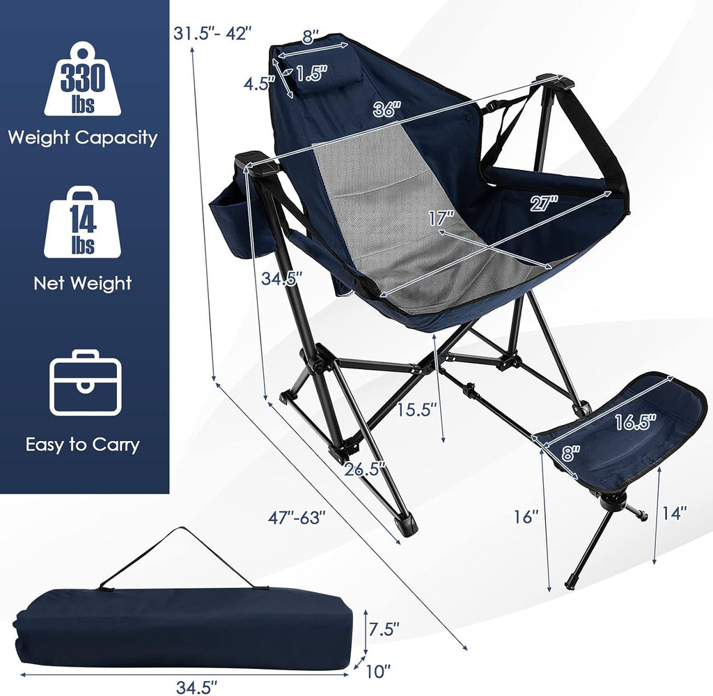 Giantex Outdoor Hammock Camping Chair - Rocking Chair with Removable Footrest, Adjustable Backrest, Pillow, Cup Holder, Storage Bag, Portable Fishing Chair for Poolside Patio Folding Chair (2, Navy)