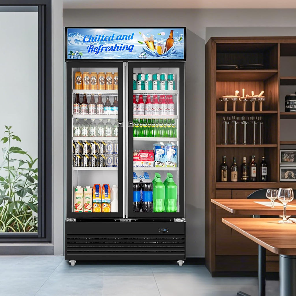 Tylza Commercial Refrigerator, Double Glass Door Display Beverage Fridge, 28.1 Cu Ft Upright Beverage Cooler Merchandiser with Replaceable Advertising Light Board, Rebound Door, Fast Cooling, Black