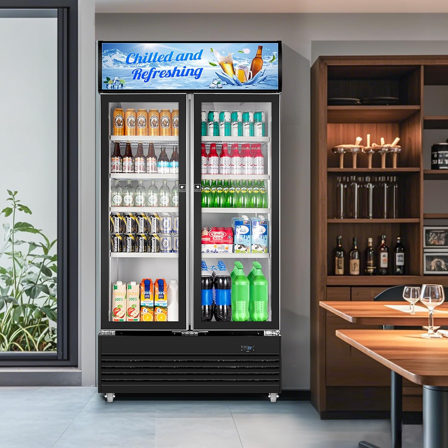 Tylza Commercial Refrigerator, Double Glass Door Display Beverage Fridge, 28.1 Cu Ft Upright Beverage Cooler Merchandiser with Replaceable Advertising Light Board, Rebound Door, Fast Cooling, Black