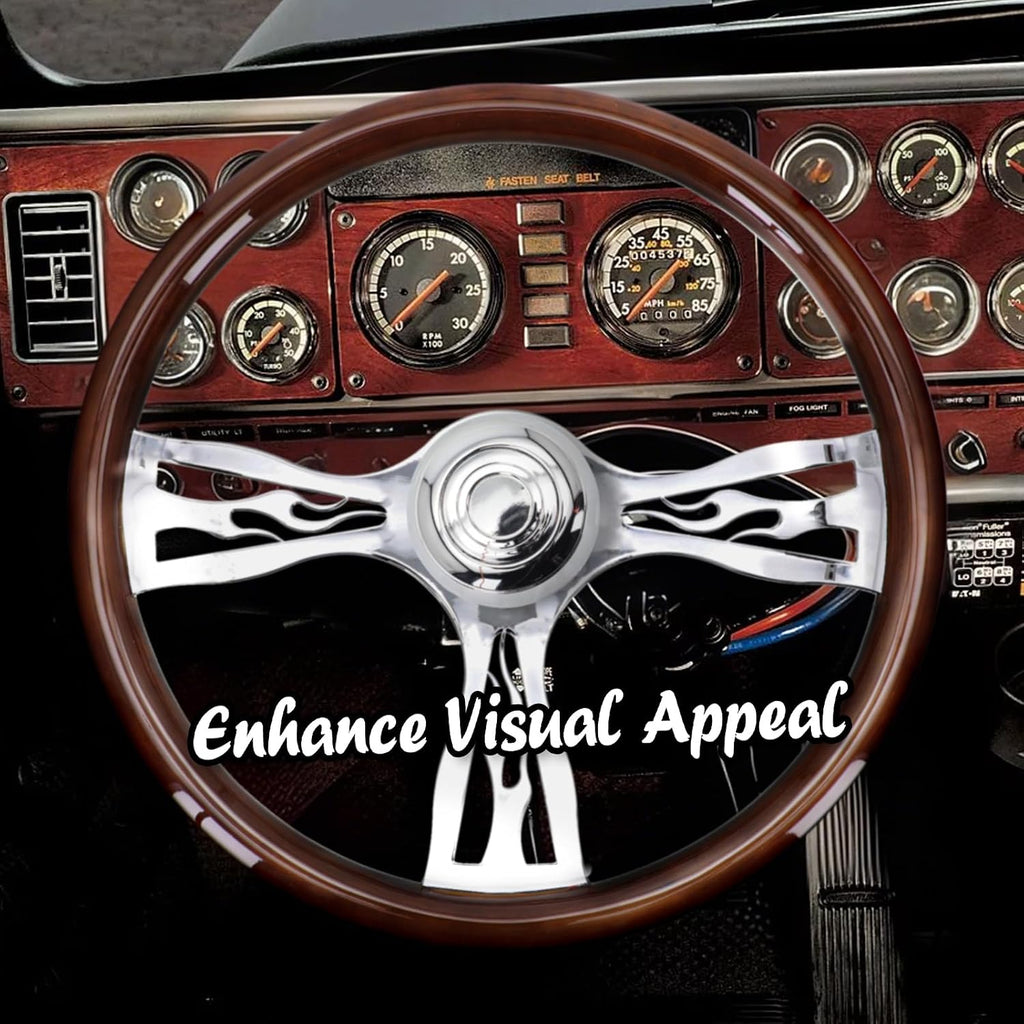 Sorghum 18' Solid Wood Steering Wheel - 3 Spokes Aluminum Chrome Classic Steering Wheel with Horn Button for Trucks Compatible with Mack Kenworth Peterbilt Volvo Freightliner-Flame Designs