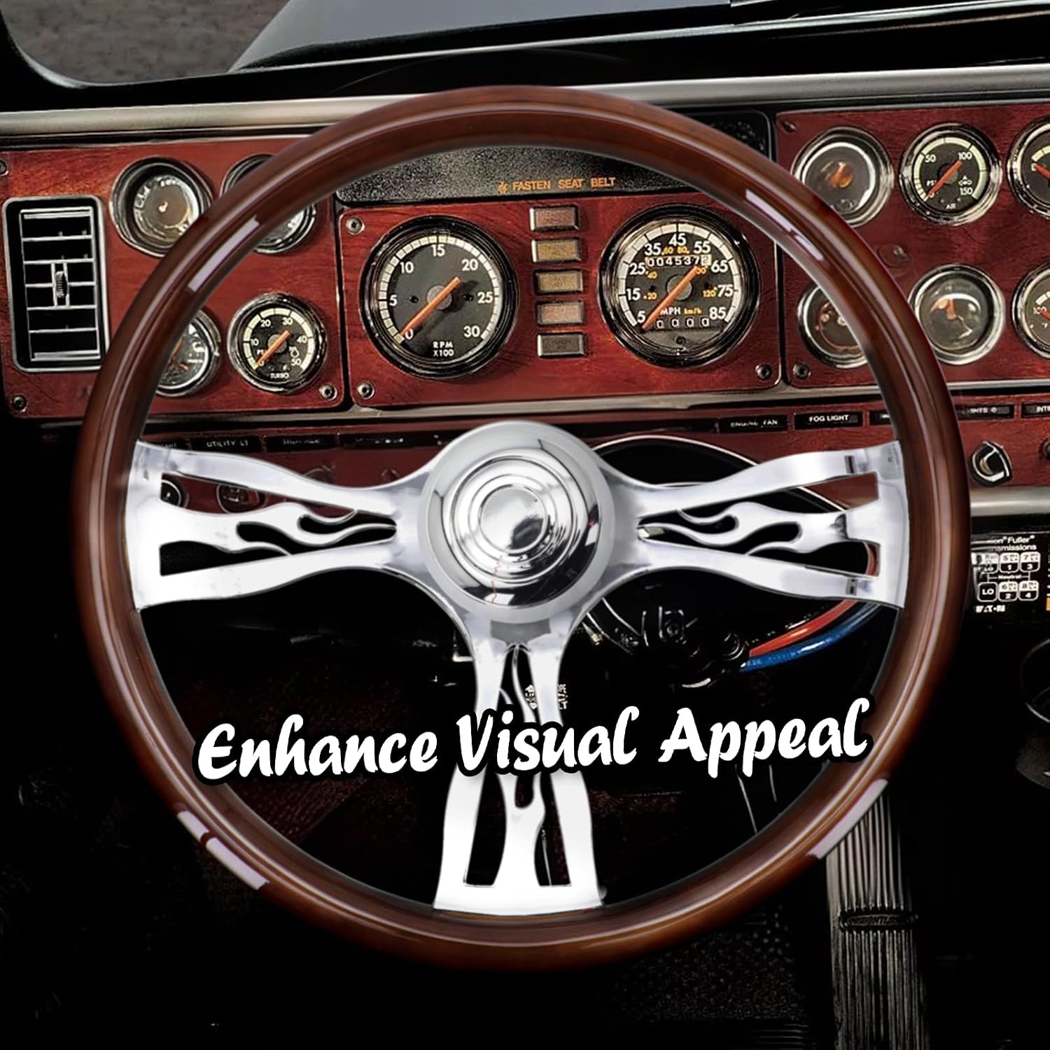 Sorghum 18' Solid Wood Steering Wheel - 3 Spokes Aluminum Chrome Classic Steering Wheel with Horn Button for Trucks Compatible with Mack Kenworth Peterbilt Volvo Freightliner-Flame Designs