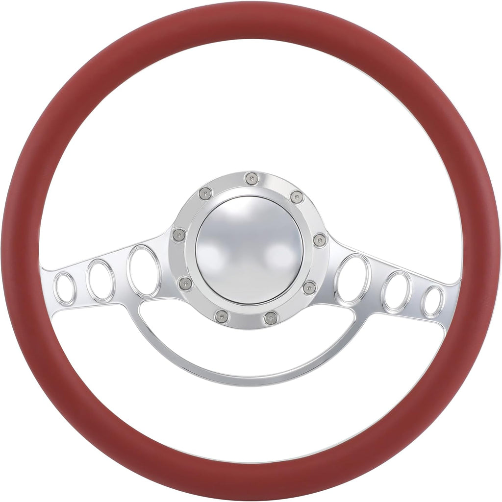 14'' Billet Half Wrap 9 Bolts Steering Wheel with 2'' Dish and Horn Button (Burgundy)