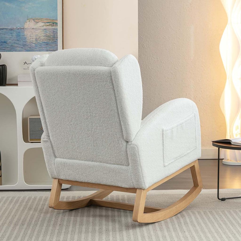 Antetek Rocking Glider Chair for Nursery, Wingback Teddy Upholstered Rocker Chair with High Backrest, Modern Indoor Accent Reading Arm Chair for Living Room, Hotel, Bedroom, Baby Room, Ivory