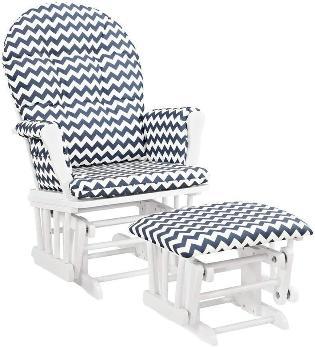 HomeStock Glider and Ottoman Set - Padded Arms, Storage Pockets, Metal Bearings White and Navy Chevron